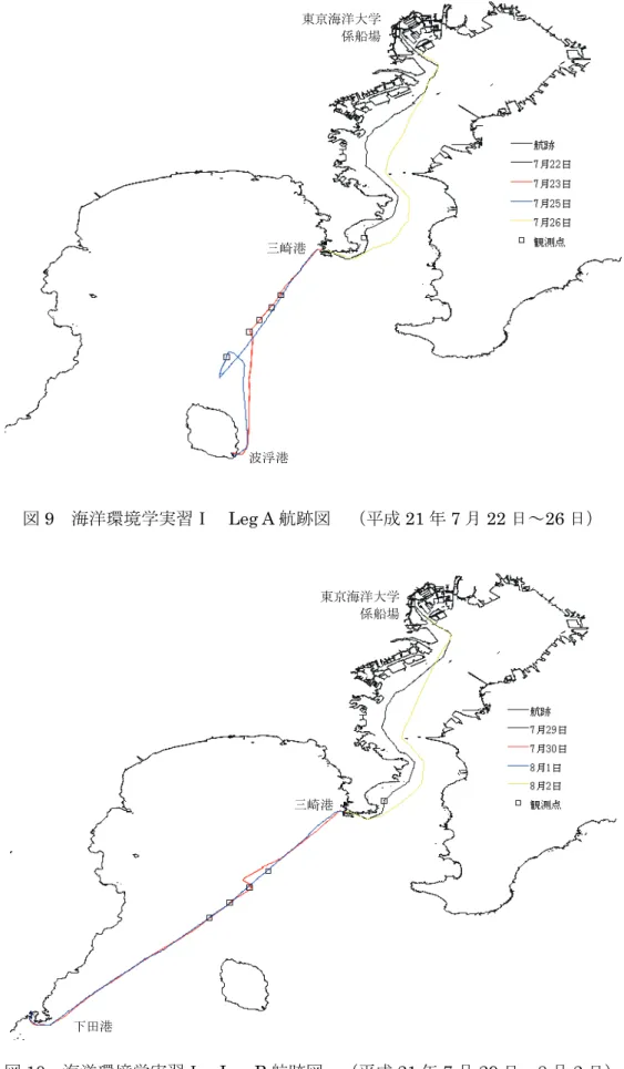 図 9  海洋環境学実習Ⅰ  Leg A 航跡図  （平成 21 年 7 月 22 日～26 日）  図 10  海洋環境学実習Ⅰ  Leg B 航跡図  （平成 21 年 7 月 29 日～8 月 2 日） 三崎港 東京海洋大学係船場波浮港下田港三崎港