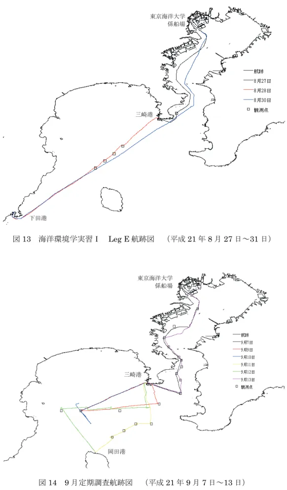 図 13  海洋環境学実習Ⅰ  Leg E 航跡図  （平成 21 年 8 月 27 日～31 日）  図 14  9 月定期調査航跡図  （平成 21 年 9 月 7 日～13 日） 三崎港 下田港 三崎港 東京海洋大学係船場岡田港 
