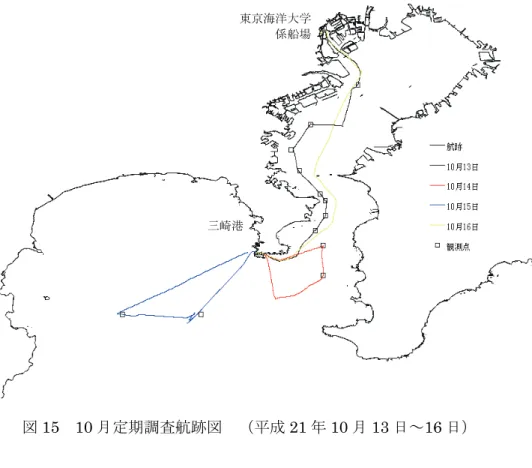 図 15  10 月定期調査航跡図  （平成 21 年 10 月 13 日～16 日）  図 16  11 月定期調査航跡図  （平成 21 年 11 月 28 日～12 月 3 日） 三崎港 東京海洋大学係船場三崎港 東京海洋大学係船場