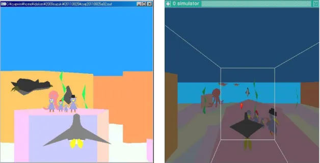 図 4  海底探険ゲームのプログラム(Cygwin)          図 5 海底探険ゲームのプログラム(CAVE シュミレータ) 