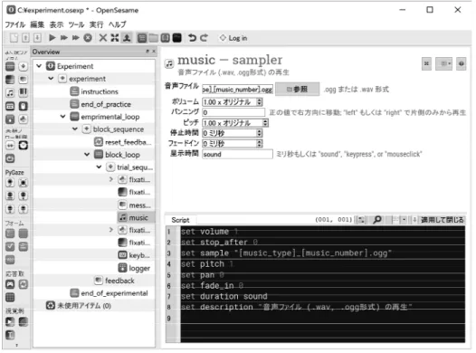 図 2: 刺激提示ソフトウェア OpenSesame の画面  3.4  実験の実施    ゼミ生 4 名（男性 3 名、女性 1 名、平均年齢 21.5 歳, 21-22 歳）が被験者として実験に参 加した。 被験者をリラックスした状態で椅子に座らせ目を瞑らせ、両耳に装着したイヤホン を通して聴覚刺激を与えた。    被験者に各音楽刺激に対し、再生終了後 5 秒以内で音楽鑑賞時にリラックスを感じたか について判断させ、対応するキーボードのキーを押してもらう。キーが押されたら、すぐに 無音休憩状態に切り替わ