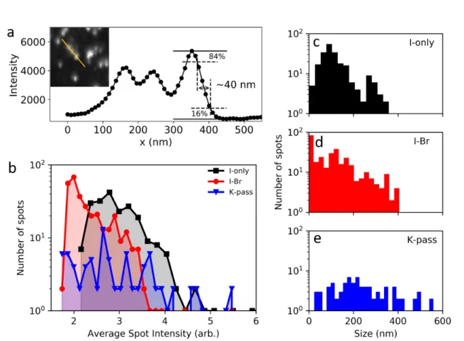 Figure 3.2: Size and intensity statistics of spots observed in PEEM with the 4.65 eV probe