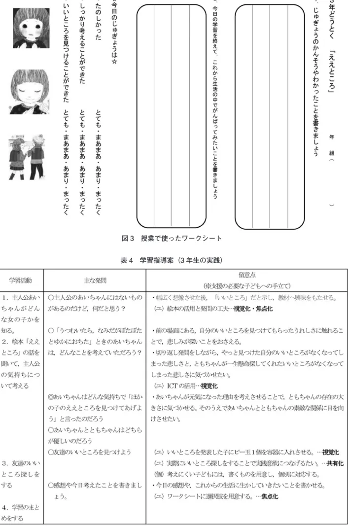 図 3　授業で使ったワークシート 表 4　学習指導案（3 年生の実践）