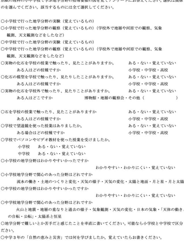 図 1　小中学校において体験した地学分野での野外体験・実験観察アンケートの項目