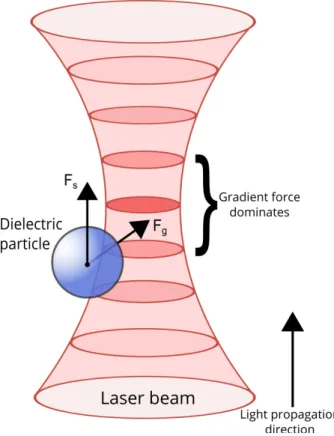 Figure 1.2: Schematic of a Gaussian beam optical tweezers. The darker shades of red indicate regions of higher intensity.