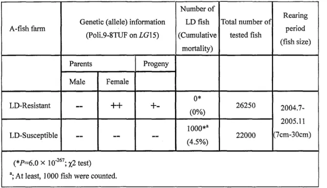 Table  1.  The results of the field test for LD resistance of Japanese flounder produced by  marker assisted gene introgression 