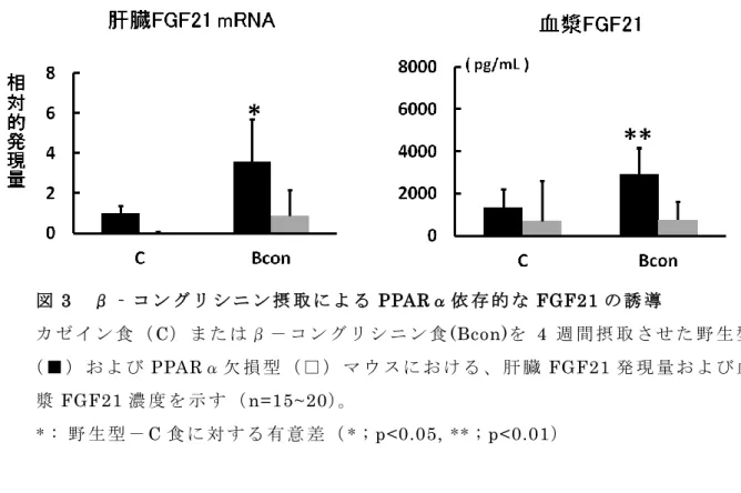 図 3  β ‐ コ ン グ リ シ ニ ン 摂 取 に よ る PPARα 依 存 的 な FGF21 の 誘 導       カ ゼ イ ン 食 （ C） ま た は β － コ ン グ リ シ ニ ン 食 (Bcon)を 4 週 間 摂 取 さ せ た 野 生 型 （ ■ ） お よ び PPARα 欠 損 型 （ □ ） マ ウ ス に お け る 、 肝 臓 FGF21 発 現 量 お よ び 血   漿 FGF21 濃 度 を 示 す （ n=15~20）。   * :  野 生 型 － C 食