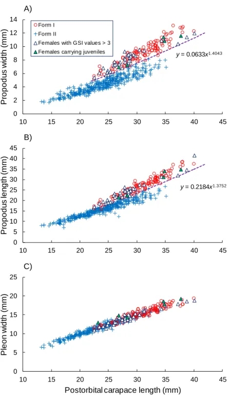 Fig. 1. Growth of the chela propodus width (A), chela propodus length (B) and pleon width 668 