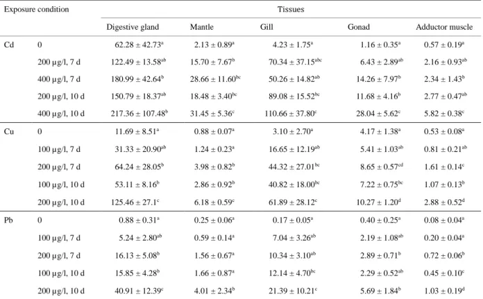 Table 1 Metal concentrations (µg/g dry weight) in different tissues of scallops.   