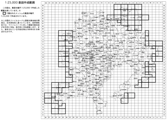 図 3  1:25,000 基図作成範囲  1974 年（第 1 時期）土地利用データ作成手順（1983 年度調査）    土地利用分類のための参考資料収集の後、1979 年（第 2 時期）に対し 1974 年（第 1 時期）の土地利用変化部分の空中写真判読を行い、基図にポリエステルベースを 重ね、ポリエステルベース上に判読結果を色鉛筆を用いて着色します。判読結果が 着色されたポリエステルベースは土地利用変化図と呼ばれます。    それを「画像解析ディジタイジング装置」の色自動判別型ドラムスキャナを使用して