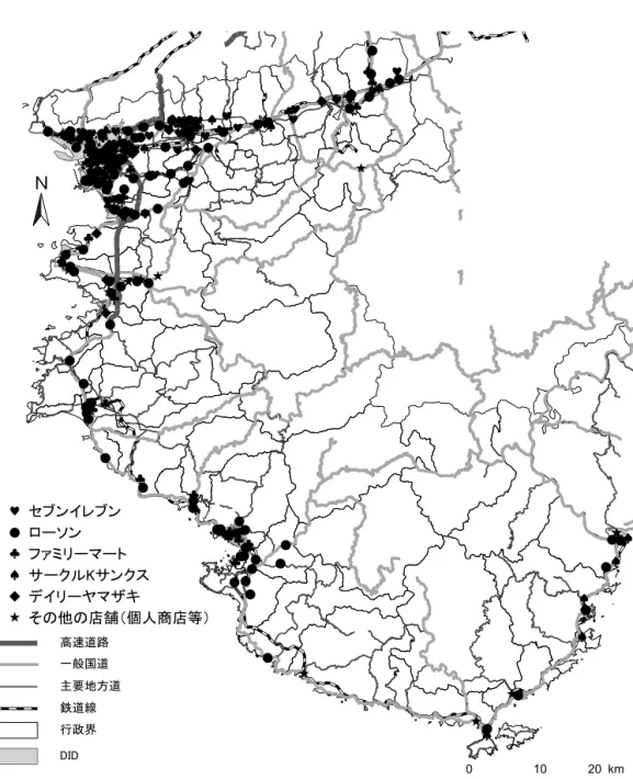 図 8　和歌山県におけるチェーン種別のコンビニエンスストアの立地状況（2012 年） （資料：i タウンページ） マザキは 1991 年においては紀北にのみ出店がみられたが，出店地域は現在では紀中の有田市 まで拡大しているものの，出店傾向に大きな変化はない。店舗の増加がみられたのは和歌山市 や橋本市など紀北の市町村に限られる。デイリーヤマザキは県内全体で 18 店舗立地している が，和歌山市へはその半数以上の 10 店舗が立地している。隣接する海南市の 3 店舗を含めれば， 海草地域のみで過半数を占めること