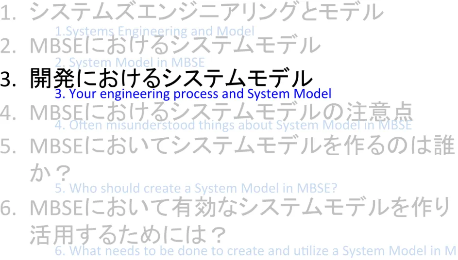 Table	  of	  Contents	 1.   システムズエンジニアリングとモデル 	   2.   MBSE におけるシステムモデル 	   3.  開発におけるシステムモデル	   4