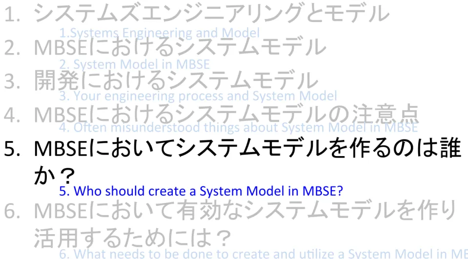 Table	  of	  Contents	 1.   システムズエンジニアリングとモデル 	   2.   MBSE におけるシステムモデル 	   3.   開発におけるシステムモデル 	   4