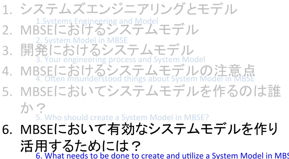 Table	  of	  Contents	 1.   システムズエンジニアリングとモデル 	   2.   MBSE におけるシステムモデル 	   3.   開発におけるシステムモデル 	   4