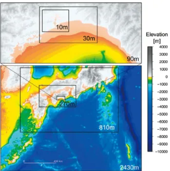 Fig. 7  An example of visualization of ex02. (a) Vertical  crustal movement, (b) initial tsunami height