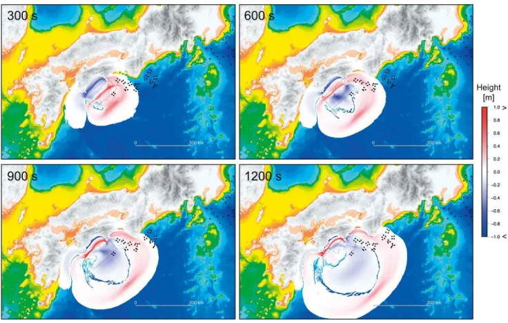 Fig. 8  Snapshots of wave height after 300s, 600s, 900s, and 1200s from origin time obtained from the results of ex02.
