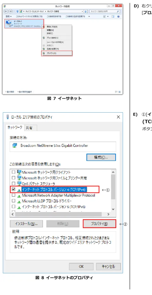図  7  イーサネット  図  8  イーサネットのプロパティ        D)  右クリックするとメニューが表示されるので[プロパティ]を選択します。(図 7)  E)  ①[インターネット  プロトコル  バージョン４(TCP/IPv4)  ]を選択し、②[プロパティ] ボタンを押します(図 8)。  図１１  [代替の構成]を選択したところ ←① ←② 
