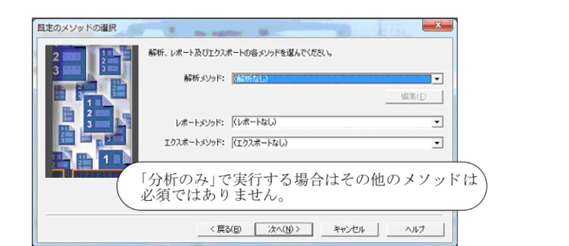 図 4. 「既定の メ ソ ッ ド の選択」 画面 □その他の メ ソ ッ ド を指定 し 、 [ 次へ ] を ク リ ッ ク し ます。 図 5. 「 メ ソ ッ ド セ ッ ト の名前」 画面 □ メ ソ ッ ド セ ッ ト 名は メ ソ ッ ド セ ッ ト 内に設定 し た装置 メ ソ ッ ド と 同 じ 名前が自動的 に入 り ます。 メ ソ ッ ド セ ッ ト 名は装置 メ ソ ッ ド 名 と 同 じ に し てお く と 便利です。 □ [ 完了 ] を ク リ ッ ク し 、 メ ソ ッ ド