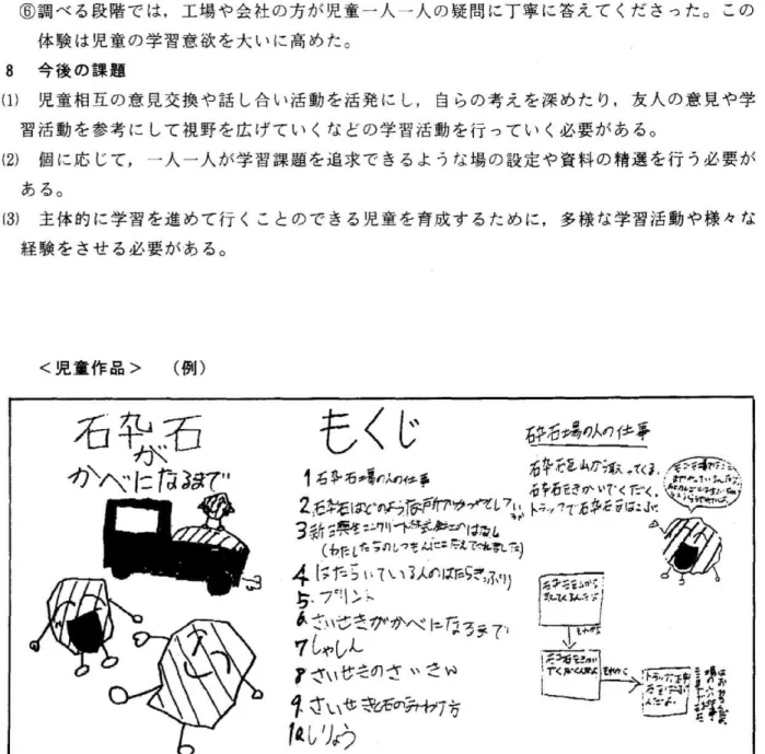 表 現 力 や 学 習 意 欲 も高 ま る の で は な い か 。 ④ 児 童 か ら し き り に 出 て い た 疑 問(生 コ ン っ て 何?)を そ の 場 で と り あ げ る べ き だ っ た 。 ⑤ 調 べ た こ と を ど の よ う に 活 用 す る の か を 考 え さ せ た こ と で,ま と め 方 に 工 夫 が 見 られ た 。 ⑥ 調 べ る 段 階 で は,工 場 や 会 社 の 方 が 児 童 一 人 一 人 の 疑 問 に丁 寧 に 答 え て くだ