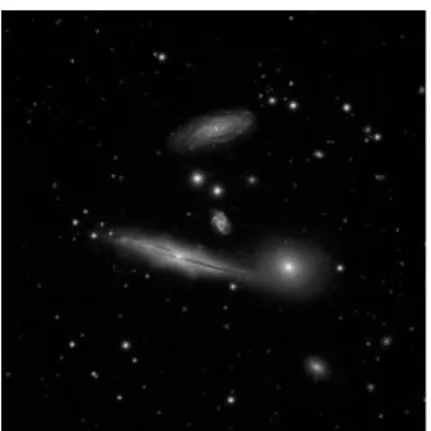 図 9: 銀河群 Hickson [Gemini Obs. homepage] 9 を見てもわかるように，その形態には様々なもの がある．形態の分類法としてはこれまでに様々なも のが提案されているが，最もよく用いられるのは， 図 10 に示したハッブルによる分類である．この分 類では，銀河は大きく，楕円銀河 (E 型），渦巻き 銀河 (S 型），不規則銀河 (Irr 型）に分類される． 渦巻き銀河の最大の特徴はなんと言っても回転運 動していることである．この回転速度 v は中心から の距離 r と共に変化す