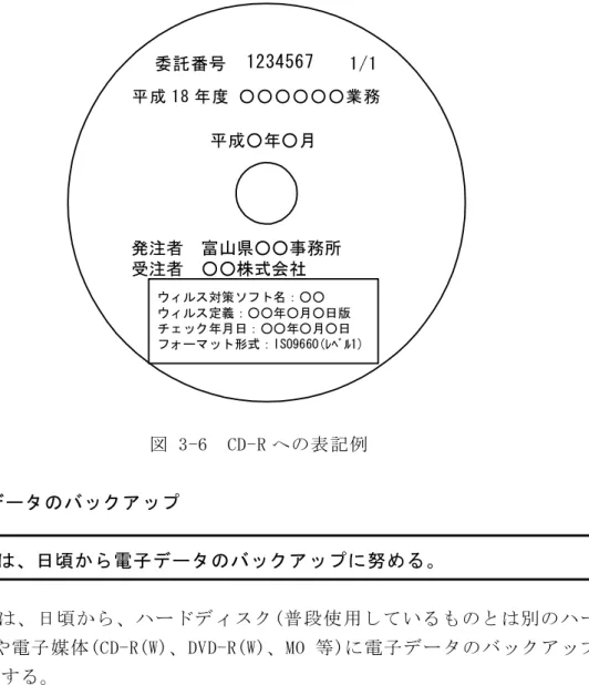 図 3-6  CD-R への表記例  3-4-5  データのバックアップ  受注者は、日頃から電子データのバックアップに努める。  受注者は、日頃から、ハードディスク(普段使用しているものとは別のハードデ ィスク)や電子媒体(CD-R(W)、DVD-R(W)、MO 等)に電子データのバックアップをと るものとする。  県では、納品された電子媒体を最低 5 年間の保管管理を行うため、CD-R は 5 年間 程度に劣化の生じない品質のものを使用する。CD-R は湿気、温度、紫外線等の影 響によりデータが破損する
