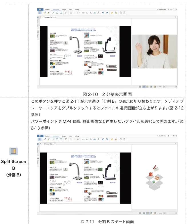 図 2-10    2 分割表示画面 Split Screen  B  （分割 B）  このボタンを押すと図 2-11 が示す通り「分割 B」の表示に切り替わります。メディアプレーヤーエリアをダブルクリックするとファイルの選択画面が立ち上がります。（図 2-12参照） パワーポイントや MP4 動画、静止画像など再生したいファイルを選択して開きます。（図2-13 参照）    図 2-11    分割 B スタート画面 