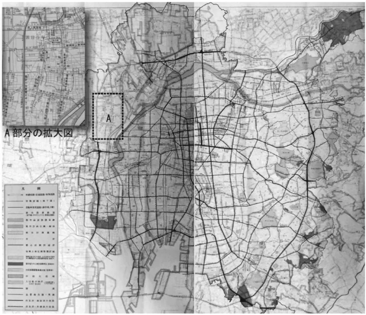 図 8.　現在の名古屋市の道路網 とって走りやすいことの基盤整備［注 5］が、戦後間もなくなら行われてきた。この復興都市計画街路の総延長は、100m〜 30m 幅員の幹線道路が 43 路線 268,461m、20m 〜 15m 幅員の補助幹線道路が 54 路線 177,164m であり、総計 445.625kmの道路が新たに整備された。　復興事業は 1986 年に収束するが、名古屋市が公表したそ の後の土地区画整理事業を加えた 2009 年までの施工面積は、8.942.17ha である。現在の名古屋市全域の