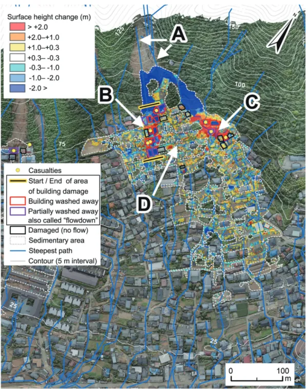 Fig. 10  Distribution of damage in Yagi 4. A: Area of two steep paths near the fan apex before the disaster