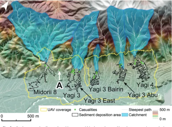 Fig. 3  Catchments and sediment deposition areas within the study area. Note that green points mark sites  of human casualties