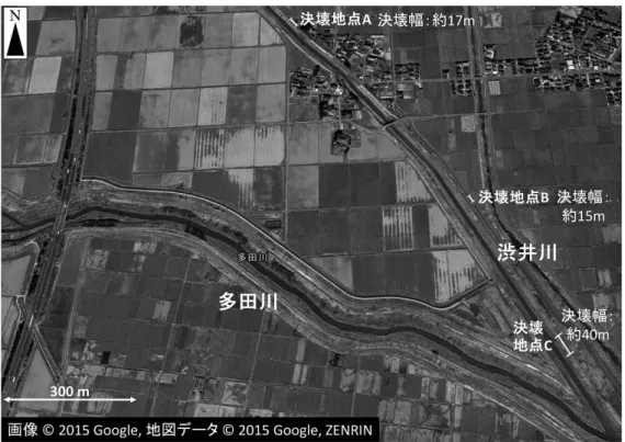 Fig. 8 渋井川，多田川合流部上流の堤防天端高および最深河床高Fig. 7 渋井川，多田川および決壊箇所の位置