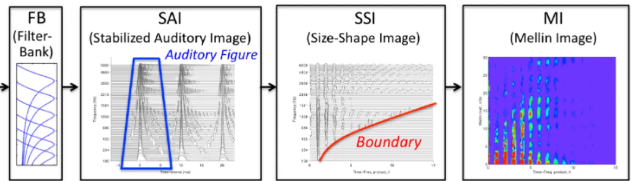 Fig. 2. Computational theory of the size-shape perception: Stabilized Wavelet-Mellin Transform ウェーブレット - メリン変換のブロック図を示す．各々のステージについて，次節以降で説 明するが，まとめると以下のようになる． 1