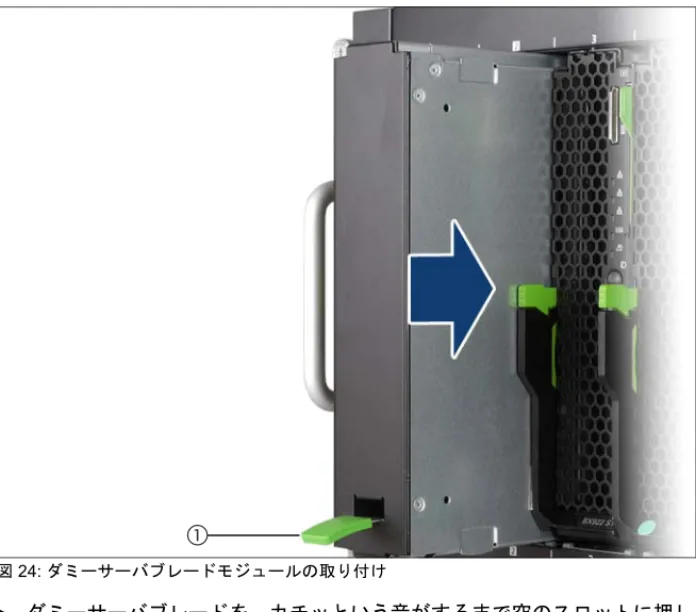 図 24: ダミーサーバブレードモジュールの取り付け Ê ダミーサーバブレードを、カチッという音がするまで空のスロットに押し 込みます。 ダミーサーバブレードモジュールの取り外し Ê リリースレバー（1）を押し上げて、ハンドルを使ってスロットからダ ミーモジュールを引き出します。/
