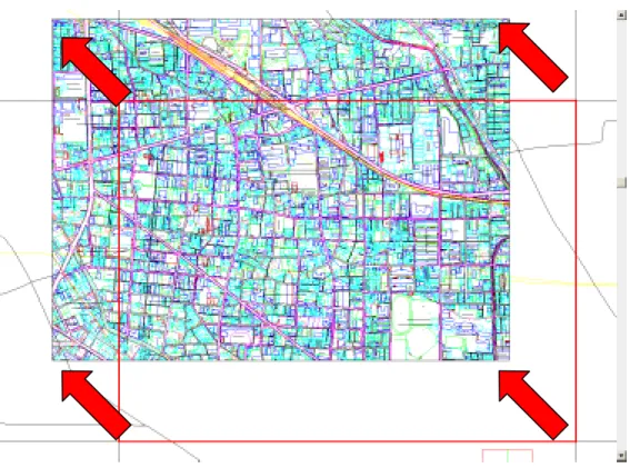 図 5 「数値地形図の全座標データを座標変換する方法」による座標変換  ３-２Autodesk Map 6 のクリーンアップ機能  数値地形図の全座標データを変換する方法は、 もっとも厳密な方法ですが、この方法により、 図郭や実データ内でアンダーシュートやオーバーシュートなどが発生します。Autodesk  Map にはこれらを補正する修正ツールが搭載（クリーンアップ機能）により、全点変換を 行った場合に起こる図郭際のアンダーシュートやオーバーシュートを修正し、オブジェクト 分断機能による図郭切りなおしも効
