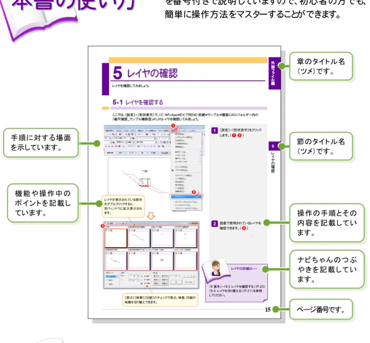 表 表 記 記 に に つ つ い い て て本本書書のの使使いい 方 方 本書は、下図のようなイメージで構成され、実際の手順を番号付きで説明していますので、初心者の方でも、簡単に操作方法をマスターすることができます。 本書は、下記のような用語やマークを使用して、操作を解説しています。   操作の手順とその内容を記載しています。ナビちゃんのつぶやきを記載しています。 「  」  メッセージや入力する値などを表します。   ［  ］  メニュー・コマンド・ボタン・画面などの名前を表します。 クリック マウスの
