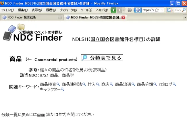 図  18  図  17 の関連キーワード“商品”を選択した画面  これは、表示されている件名標目を分類表で見るためのアイコンである。分類表表示 ページから NDLSH 詳細ページに遷移する場合には、新規タブ（またはウィンドウ）で開 かれるため、元のタブなどに分類表表示が残っており、そちらを参照できる。そのため、 分類表表示ページから遷移する場合にはこのアイコンは表示していない。アイコンをク リックした場合の画面を図  19 に示す。なお、NDLSH 詳細ページや分類表表示ページか ら分類表表示ページに遷移