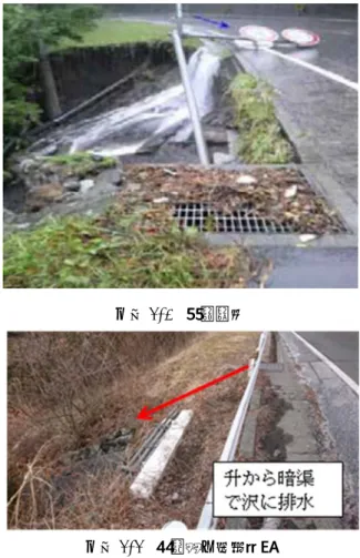 図 2-4  発災前１か月間の降雨のスネーク曲線  （ Σ6/R(1)－R/R(1)） 図 2-3  被災箇所のイメージ図 写真 2-1  被災状況 写真 2-2  表面流の排水系統 図 2-3 に現地状況のイメージ図を示す。当該道路は富 士山裾部の山岳道路で、図の上方に向かって登り勾配と なっている。被災箇所は、図右下の沢部を埋めた盛土（赤 線部）である。当該箇所では、道路の表流水を縁石（ア スカーブ）で被災箇所の側溝に導いてから升および暗渠 管を通じて沢部の縦排水により排水をしている。発災時 の降雨は 