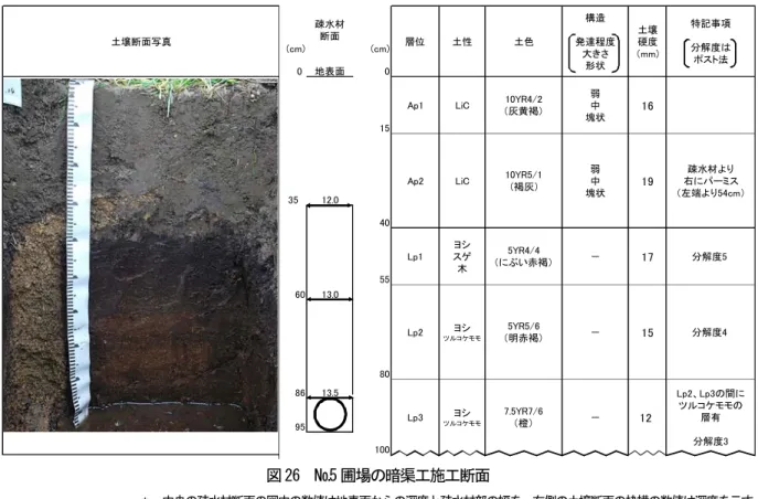 図 26  №5 圃場の暗渠工施工断面  ＊  中央の疎水材断面の図中の数値は地表面からの深度と疎水材部の幅を、右側の土壌断面の枠横の数値は深度を示す。  図 27  №5 圃場の透水係数  図 28  №5 圃場の粗孔隙量(cm)(cm)0地表面0809586 ヨシ ツルコケモモ疎水材断面土性 土色 7.5YR7/6（橙） －ヨシツルコケモモ5YR4/4（にぶい赤褐）5YR5/6（明赤褐）13.5Lp2LiCヨシスゲ木 1715弱中塊状10YR4/216（灰黄褐） 疎水材より 右にパーミス （左端より54