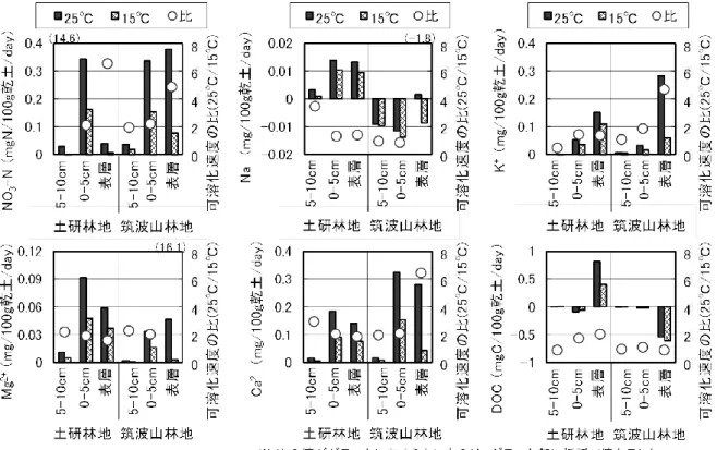 図 3.1-11 25℃と 15℃における NO 3 -N、Na + 、K + 、Mg 2+ 、Ca 2+ 、DOC の可溶化速度とその比 