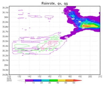 図 -6  レーダー観測による降水強度の時間－南北断面、     値は東経 139.5 °～139.7°の平均  結果は観測に比べて大きな降水系を再現している。これ は、恐らく数値モデルの水平解像度が大きすぎたために 水平収束の領域が大きくなり、現実よりも大きな降水系 を再現してしまったものと推測される。 このように、今回の数値実験はいくつか問題はあるも のの、板橋における豪雨の基本的な特徴はうまく再現し ていたと言える。  4