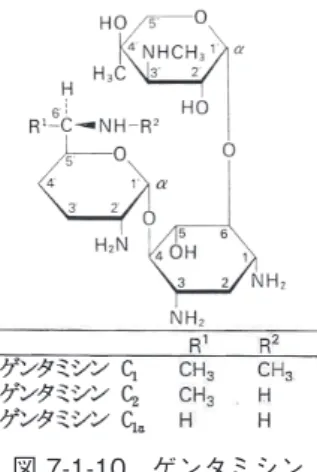 図 7-1-10　ゲンタミシン  ＜シソミシン＞ ゲンタミシンの発見の後も、アメリカのシェーリング 社におけるミクロモノスポラ属からのアミノ配糖体系抗 生物質の探索研究は継続されていた。その中で 1970 年、 Weinstein らによりゲンタミシンよりも強い抗菌活性を示 す物質として Micromonospora inyoensis からシソミシンが 発見された 14） 。本物質はゲンタミシンと異なり単一物質 として得られる。この物質は 4'	5' デヒドロパープロサミ ンを含んでおり、天然から得られた