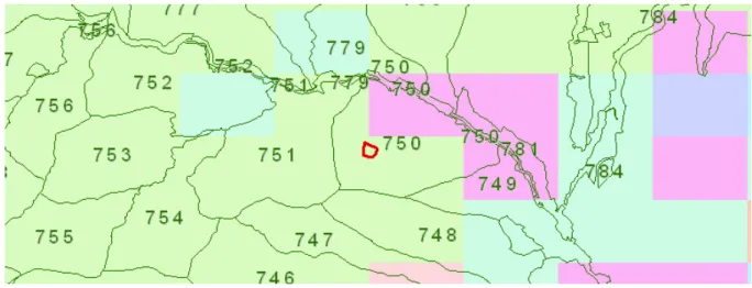 図   4. 3-2  メッシュ区分の例  &lt;赤枠内が調査現場の位置&gt;  4. 3. 2   土壌図  土壌図は，国有林 GIS によるものを基本としたが，記載のないものも見受けられたため，国有林 GIS 情報に加え，土交通省国土計画局より提供されている，国土数値情報を利用した。  （1）国有林 GIS 情報    地質情報と同様に，土壌に関する情報も国有林 GIS の森林調査簿より取得した。    図   4