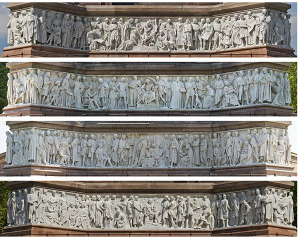 図 1.1: Frieze of Parnassus. Photo by DAVID ILIFF. License: CC-BY-SA 3.0. http://en.wikipedia.org/wiki/Frieze of Parnassus このことを使えば, たとえば最初に次のように 1 を並べた状況から出発して最上段と最 下段の 1 の並びのあいだの空いている部分をすべて埋めることができる : 1 1 1 1 1 1 1 1 1 1 1 1 1 1 1 1 1 1 1 1 1 左から右に空いている部分