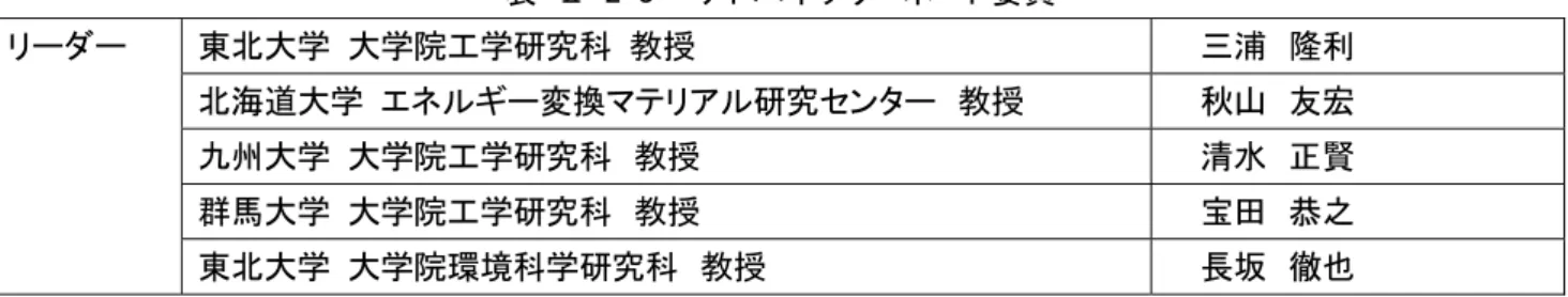 表  Ⅱ-2-3    アドバイザリーボード委員  リーダー  東北大学  大学院工学研究科  教授  三浦  隆利  北海道大学  エネルギー変換マテリアル研究センター  教授  秋山  友宏  九州大学  大学院工学研究科  教授  清水  正賢  群馬大学  大学院工学研究科  教授  宝田  恭之  東北大学  大学院環境科学研究科  教授  長坂  徹也  ＜企画・運営会議＞  プロジェクトに関する実施会社の意思決定のための会議。1 回／3 ヶ月の頻度で開催。  ＜全体プロセス評価・検討 WG（サ