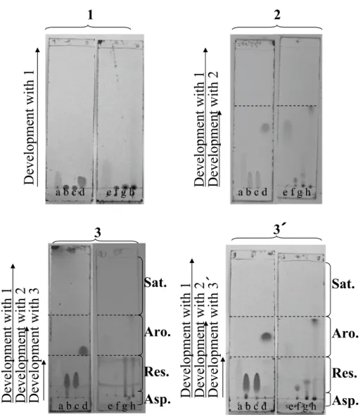 Fig. 1  Photographs of TLC plates developed with developing solvents 1-3 in sequence 