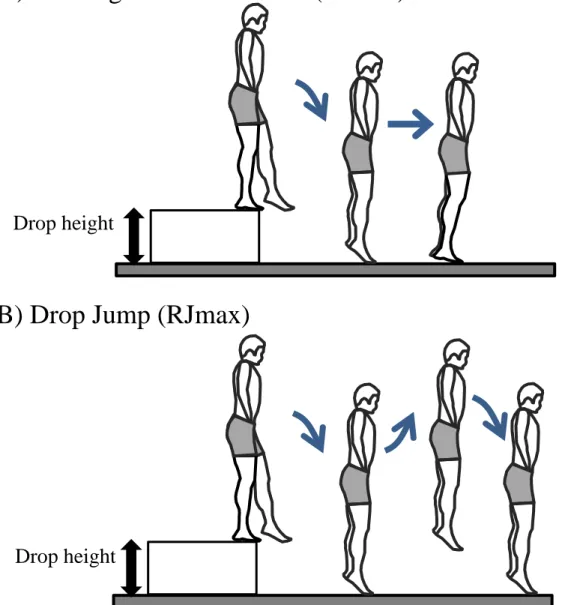 Figure 1. Set-up for the Landing (A) and Drop jump (B) protocol. The subjects were instructed not to make counter movements  with their arms and knees as far as possible and had enough familiarization session to confirm their movements