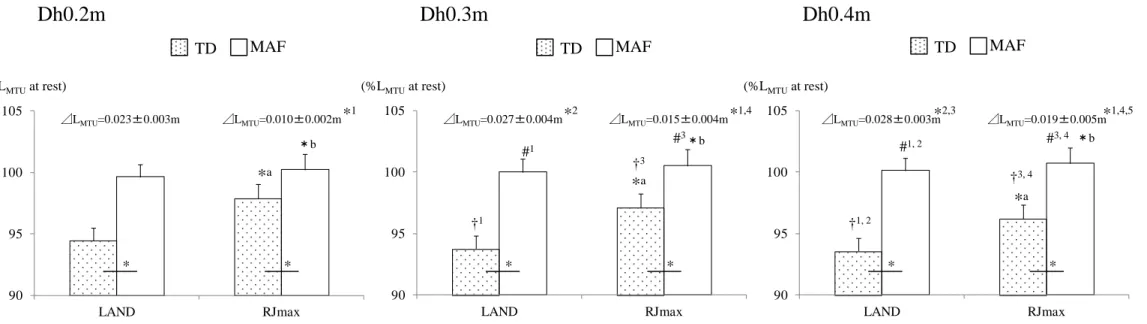 Figure 5.  The MTU-Length at touchdown (TD) and maximal ankle flexion (MAF), and length changes of MTU during braking phase