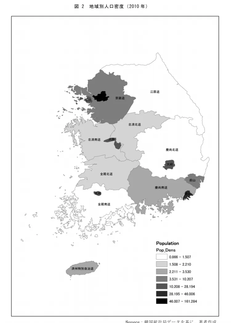 図 2  地域別人口密度（2010 年） 