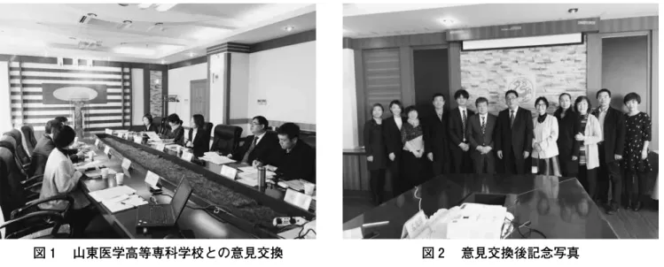 図 １ 　山東医学高等専科学校との意見交換 図 2 　意見交換後記念写真