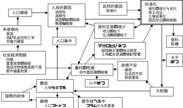 図 1-3 アフリカにおける砂漠化と社会・経済的問題の相関図 人口爆発 人為的要因   過放牧   過耕作   過度の薪の採取   無理な開墾 自然的要因  乾燥化  砂漠化   植生の減少・劣化   表土流出   土壌劣悪化   固定砂丘の再移動 食料生産の減少地力の低下 生活の質の低下 多産傾向   貧困   高い乳幼児死亡率   労働力確保 社会経済問題   内戦   農業政策の破綻   商品作物価格長期下落   都市偏重政策 人口集中アグロビジネス   超国籍企業の独占経営   土地と水資源の使い捨