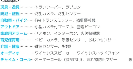 図表 4　微弱無線設備適合マーク（総務省 HP より） 微弱無線設備の性能証明ラベル（一社）テレコムエ ンジニアリングセンター（TELEC）HP より＜製品例＞玩具・遊具…………トランシーバー、ラジコン防犯・監視…………防犯カメラ、防犯センサー自動車・バイク……FM トランスミッター、盗難警報機アウトドア…………小型カメラ付ゴーグル、雪崩ビーコン家庭用アラーム……ドアホン、インターホン、火災警報器育児保育用…………ベビーカメラ、呼吸センサー、おむつセンサー介護・健康…………徘徊センサー、歩数計オーディオ……
